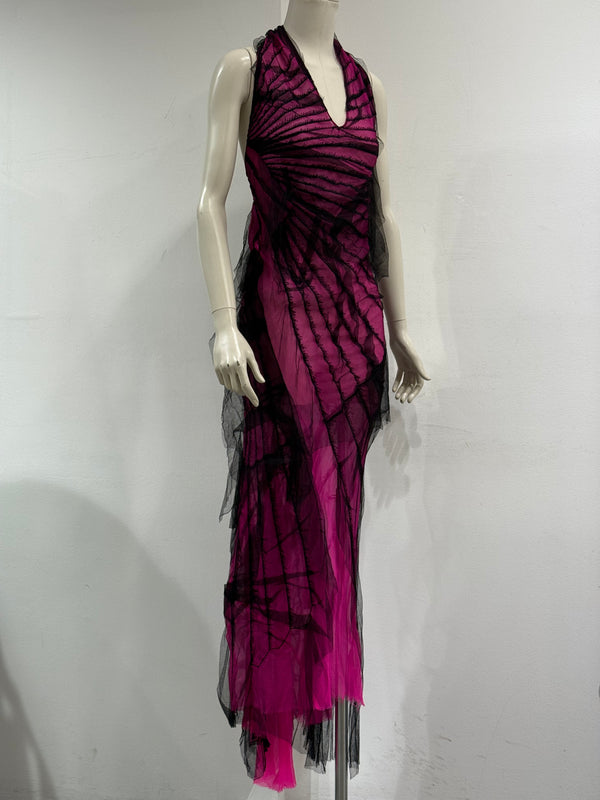 S/S2001 Roberto Cavalli runway distressed silk halter evening dress