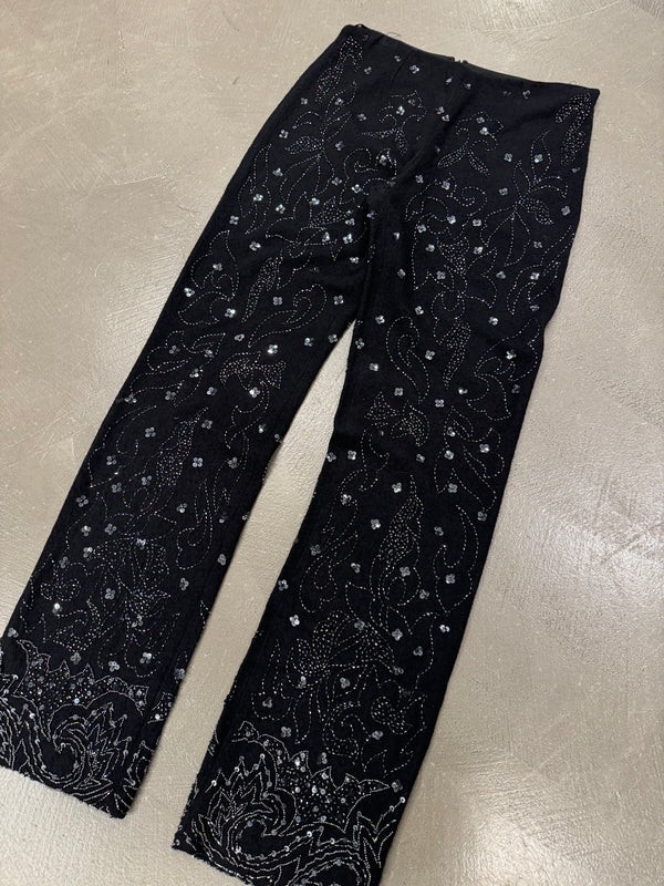 S/S 1999 Dolce Gabbana black wool beaded floral embellished pants