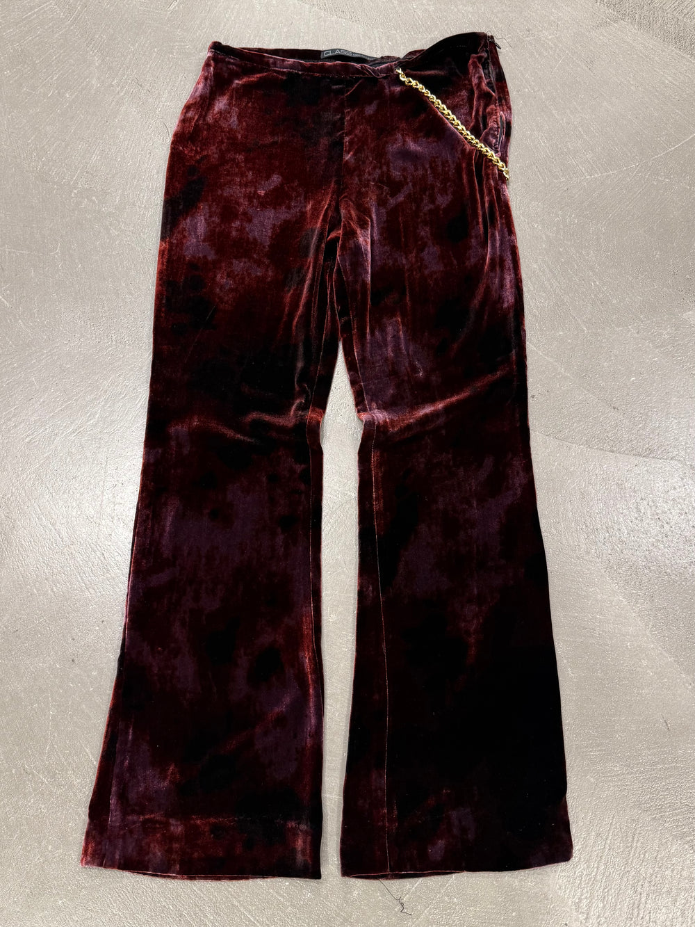 Roberto Cavalli burgundy velvet flared pants with chain detail