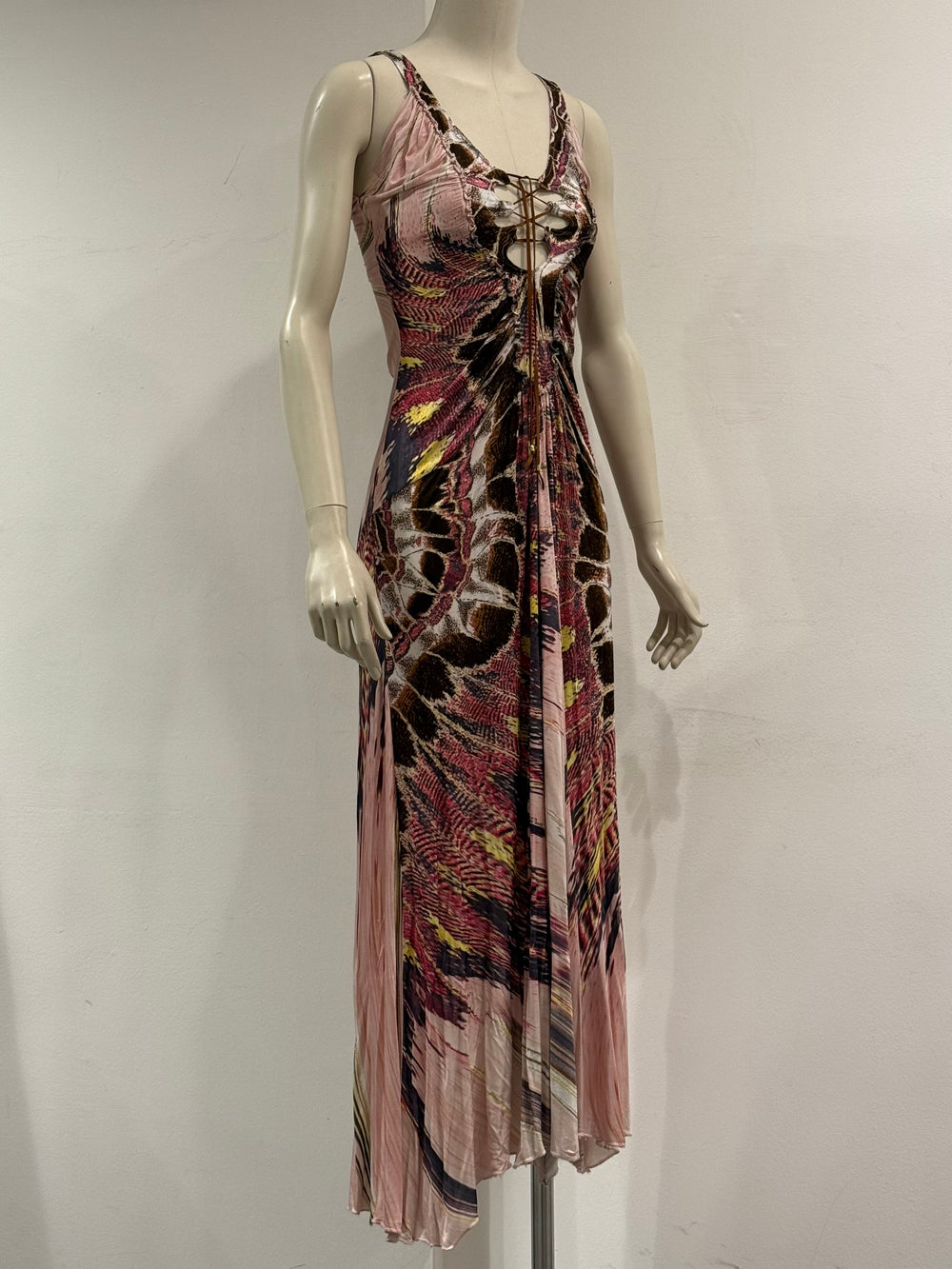 2004 Roberto Cavalli feather lace-up dress
