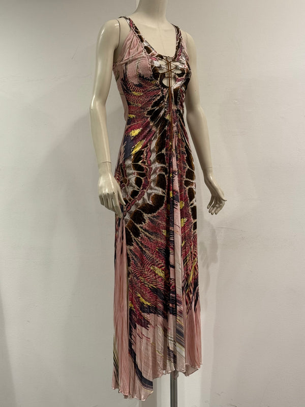 2004 Roberto Cavalli feather lace-up dress
