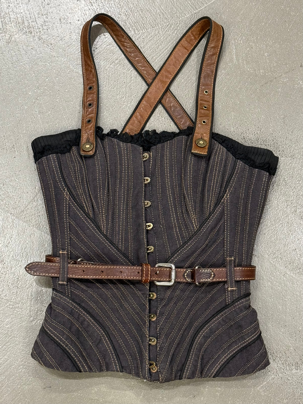 A/W2002 Alexander McQueen runway striped paneled corset