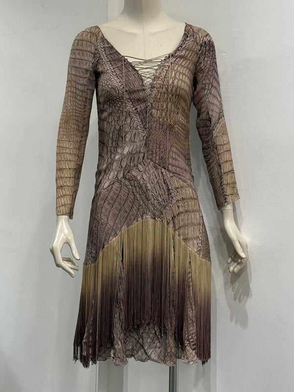 S/S2011 Roberto Cavalli silk crocodile print lace-up fringe dress