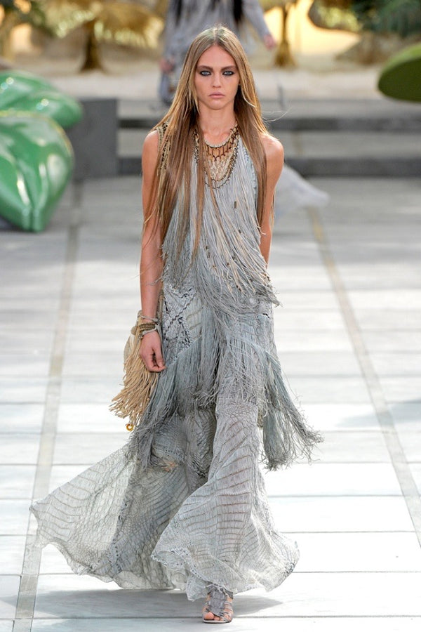 S/S2011 Roberto Cavalli crocodile print fringe halter mini dress