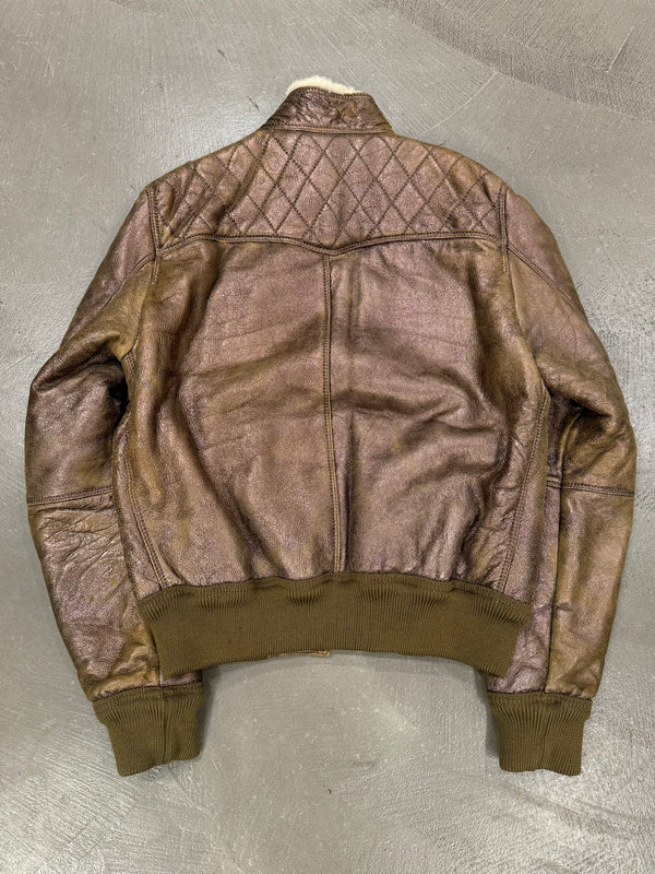 2000s Roberto Cavalli bronze metallic shearling bomber jacket