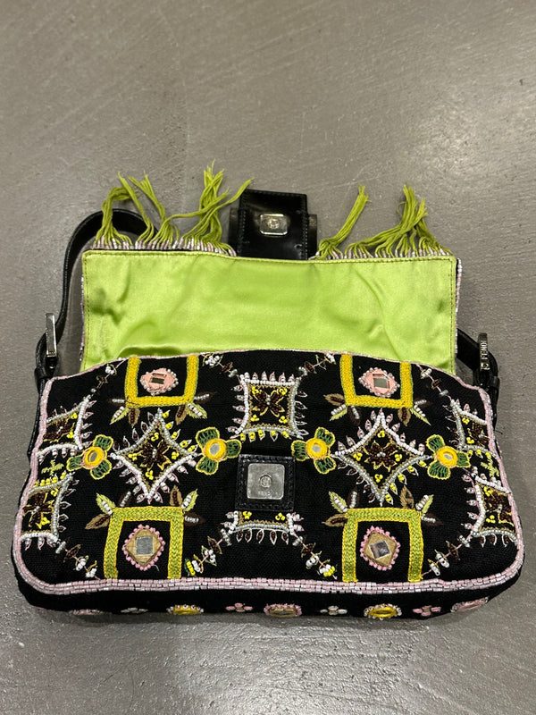 S/S1999 Fendi beaded fringe mirror-embellished baguette shoulder bag