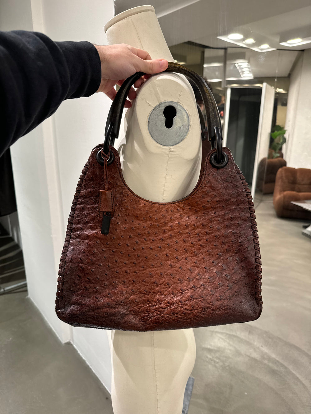 F/W 2002 Gucci by Tom Ford Genuine Ostrich Leather Wood Top Handle Bag