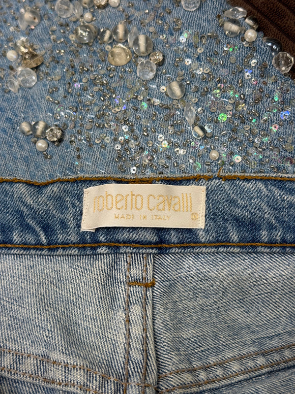 1999 Roberto Cavalli crystal embellished denim straight jeans