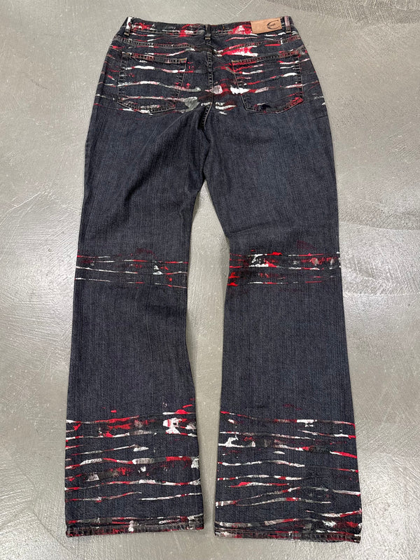 2001 Just Cavalli distressed paint splatter flare jeans