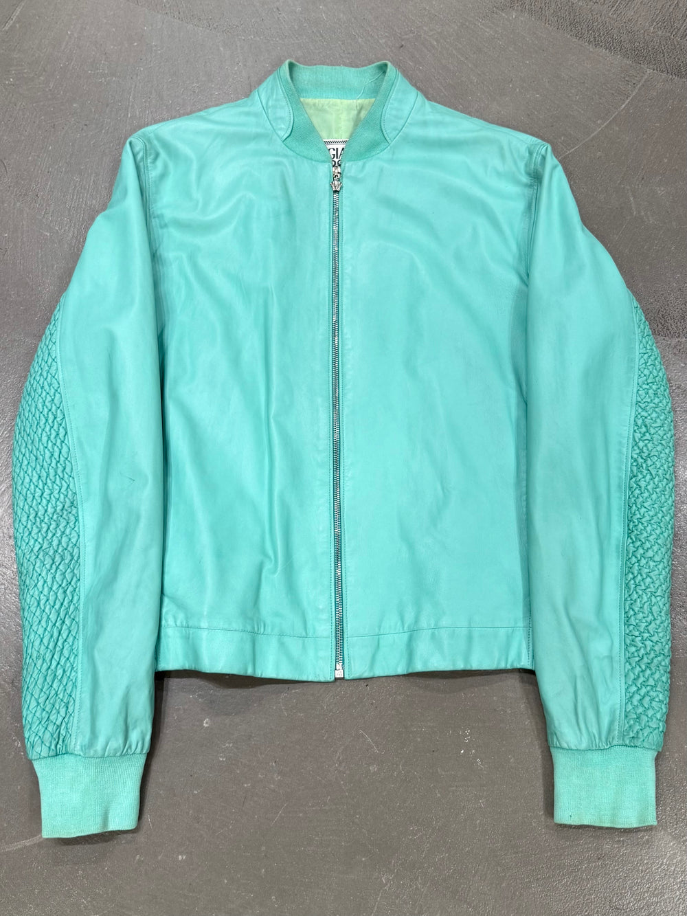1990s Gianni Versace turqoise woven-sleeve leather bomber jacket