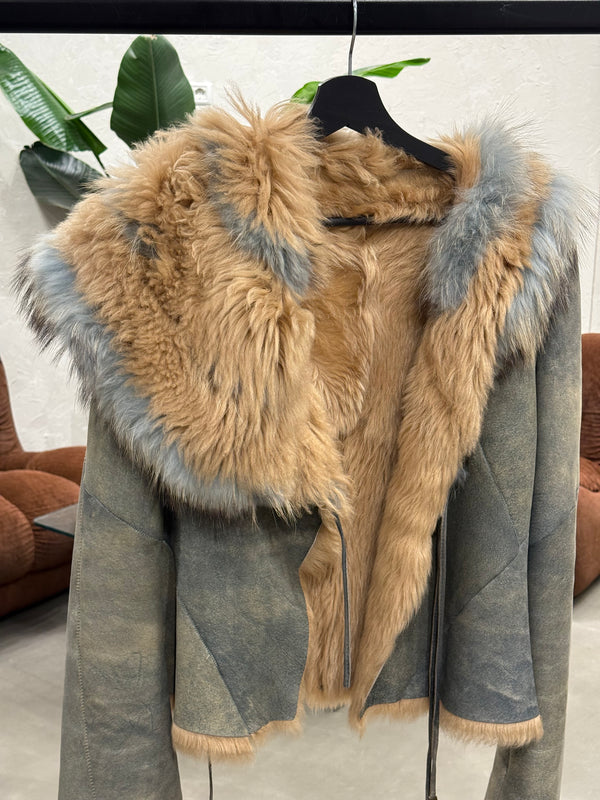 A/W2001 Roberto Cavalli teal asymmetrical shearling jacket