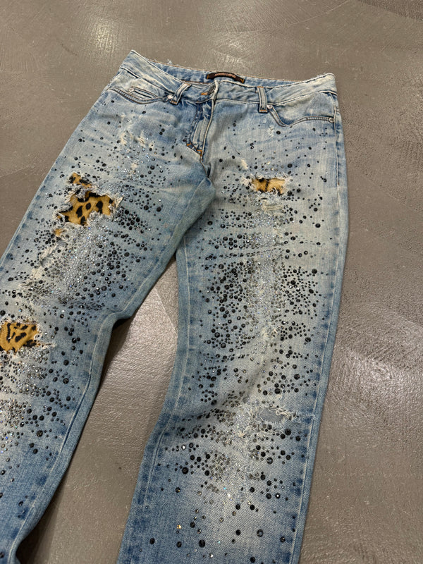 Roberto Cavalli distressed leopard patch glitter embellished jeans