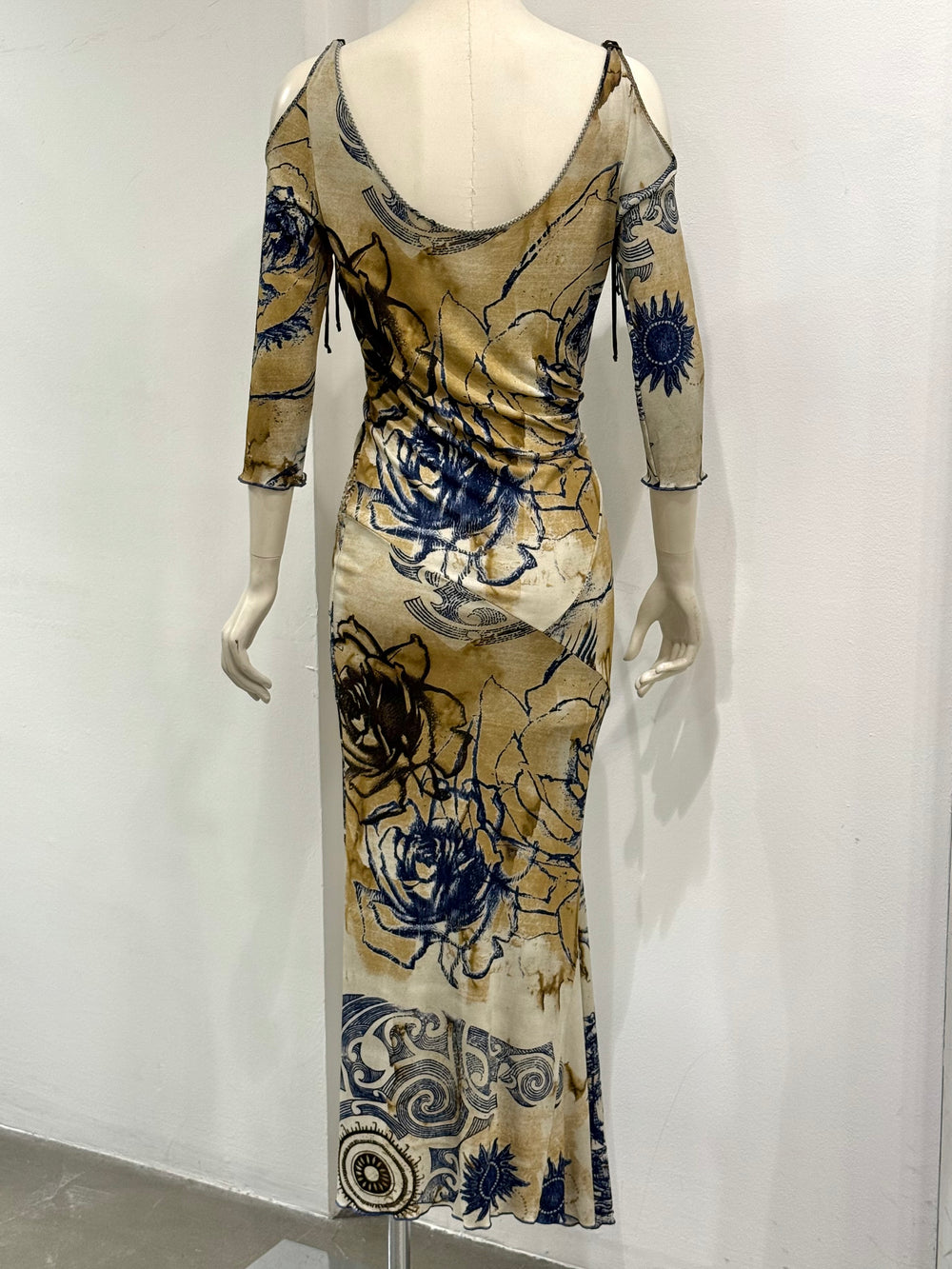 2000s Roberto Cavalli geometric open shoulder long dress