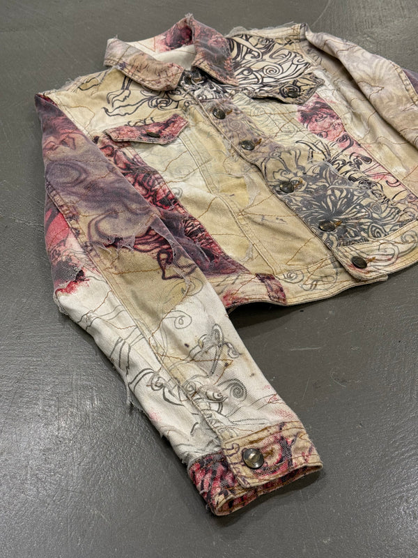 2001 Cavalli floral distressed double layer denim jacket