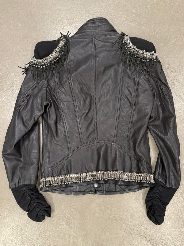 2000s Roberto Cavalli safety pin military leather jacket