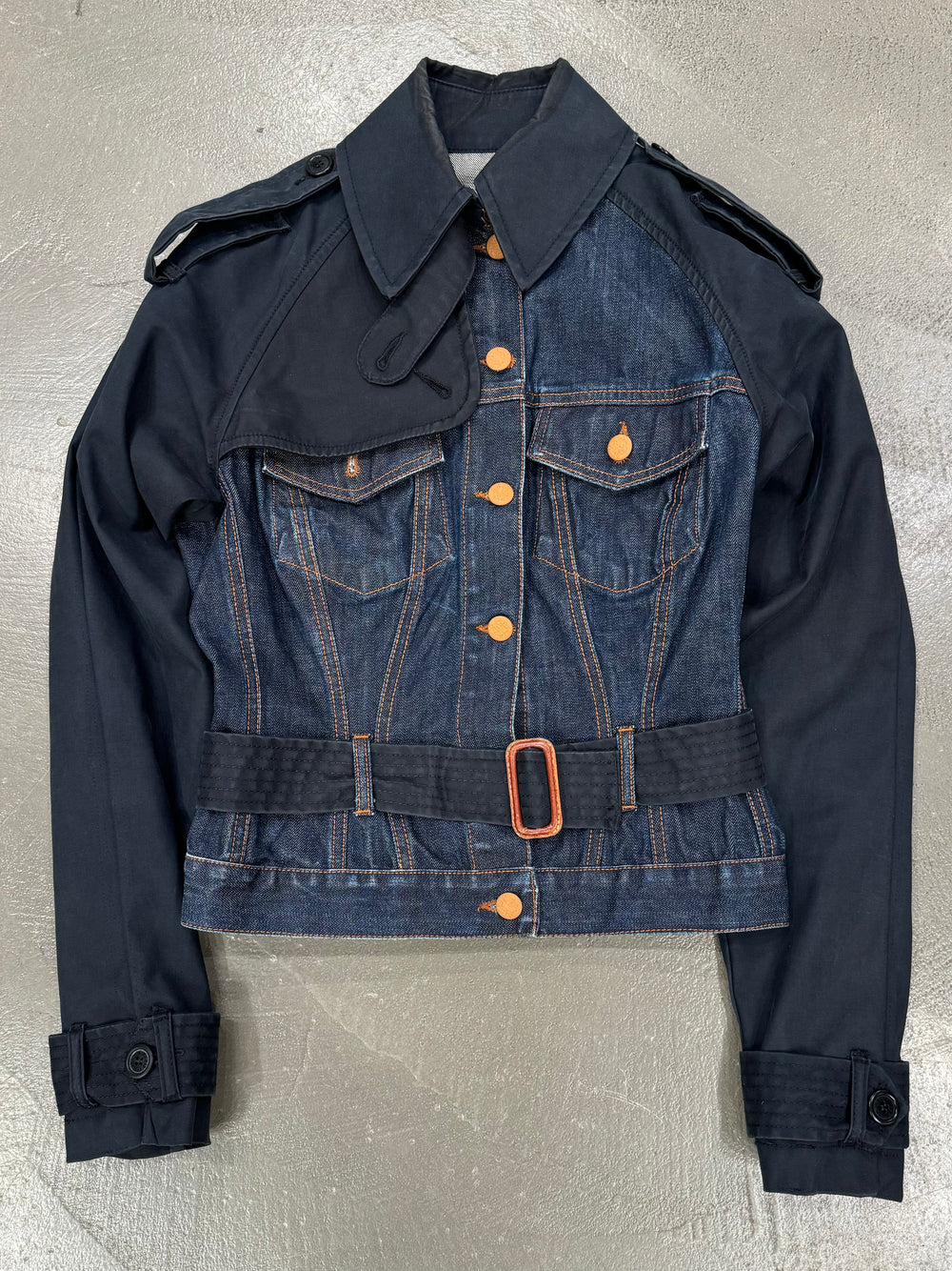 1990s Jean Paul Gaultier hybrid trench coat denim jacket Size: 42