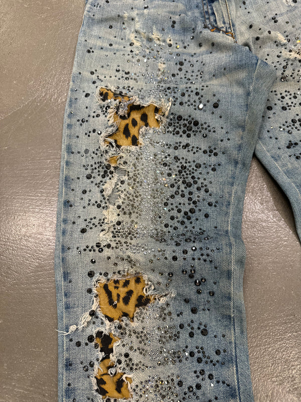 Roberto Cavalli distressed leopard patch glitter embellished jeans