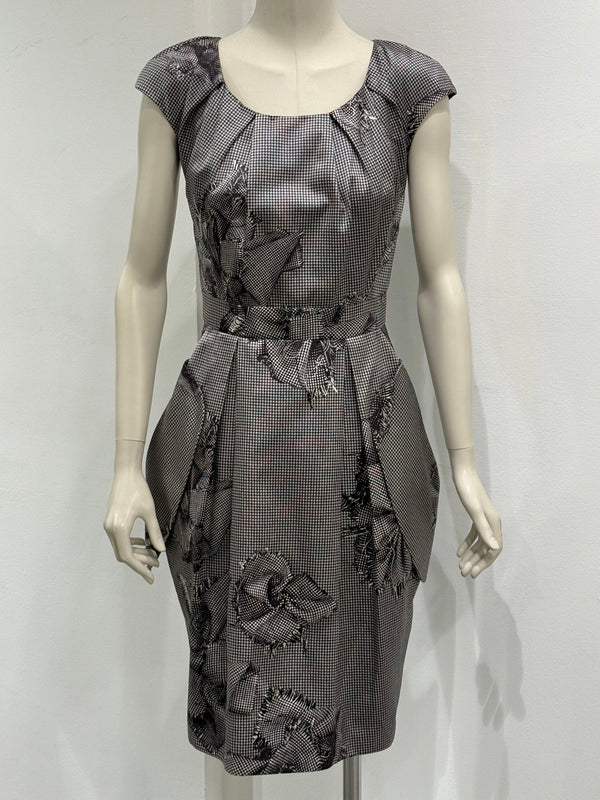 2000s Christian Dior Houndstooth silk dress with floral Appliqué