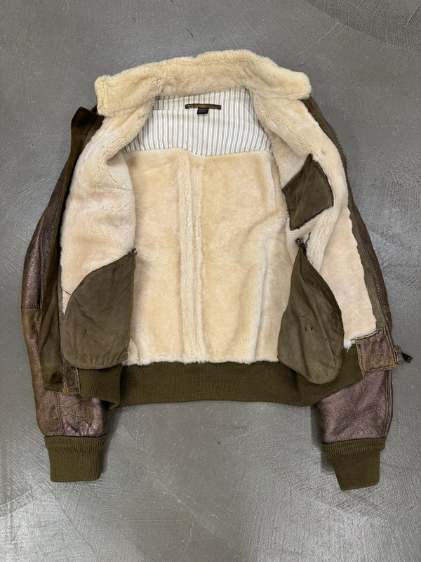 2000s Roberto Cavalli bronze metallic shearling bomber jacket