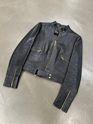 S/S1999 Gucci by Tom Ford fitted black biker leather jacket with gold accents