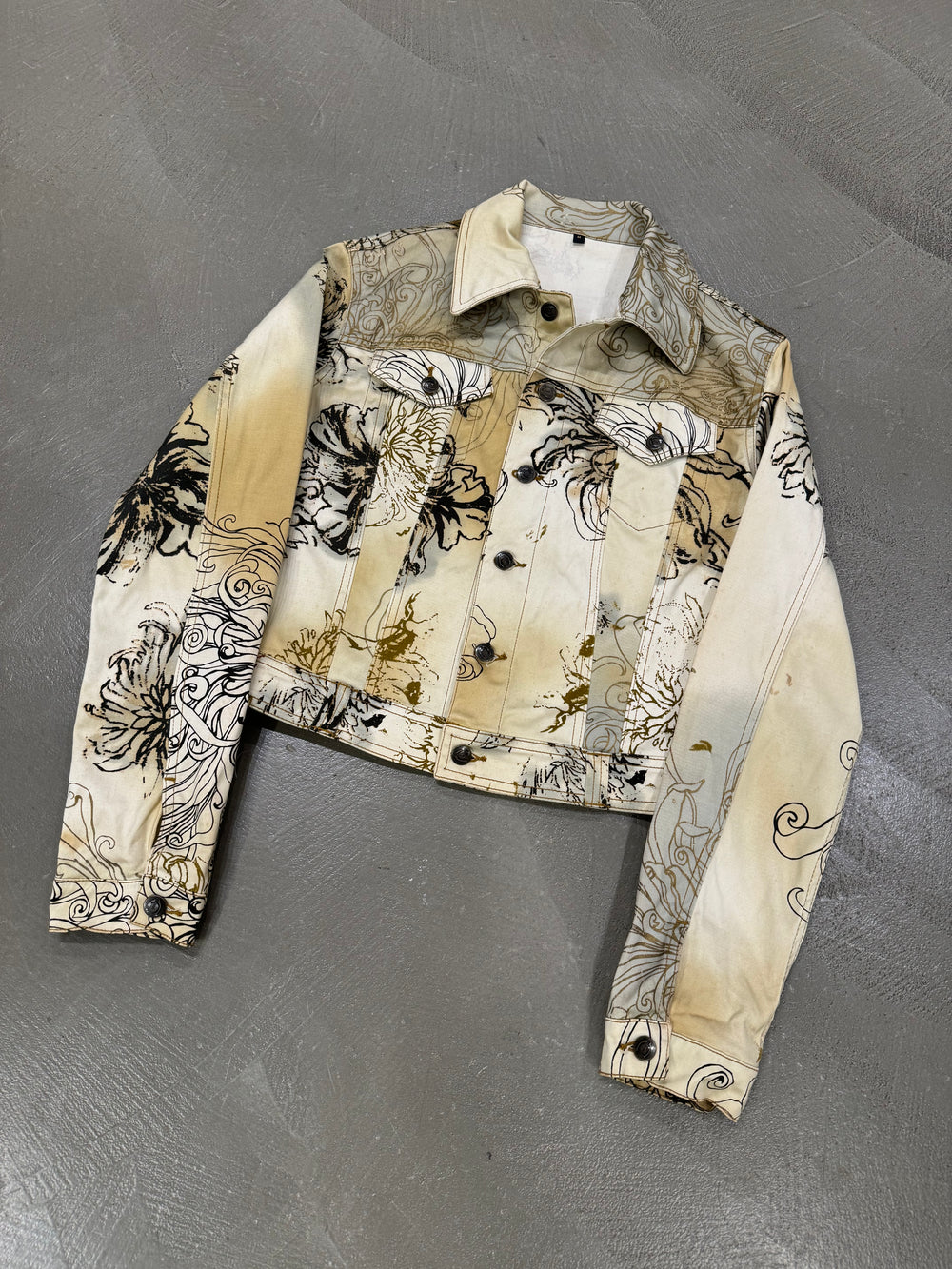 2001 Cavalli floral tattoo printed denim jacket