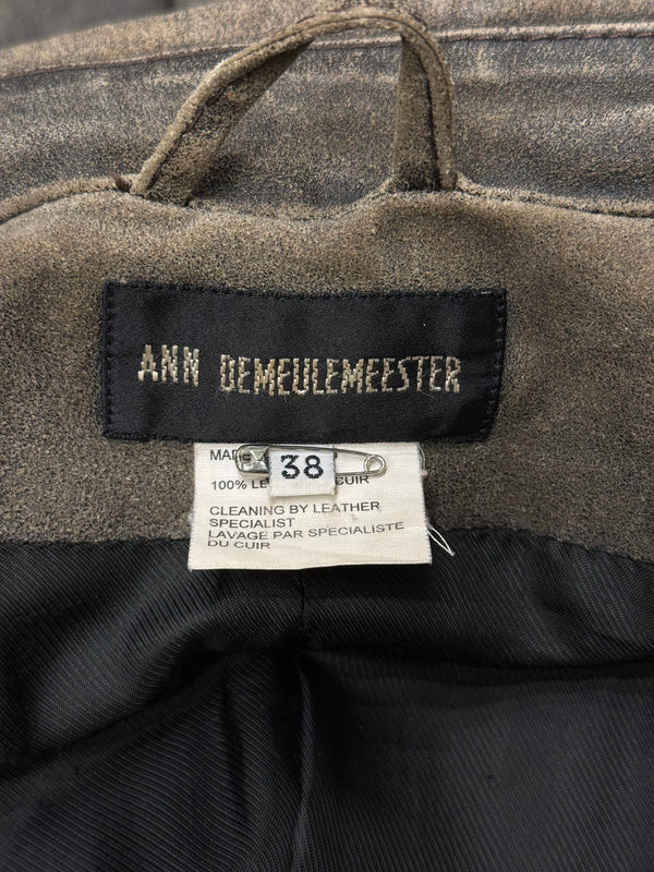 2002 Ann Demeulemeester distressed leather double-breasted belted coat