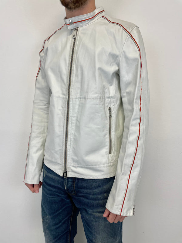 2000s Prada Red Line moto white leather jacket