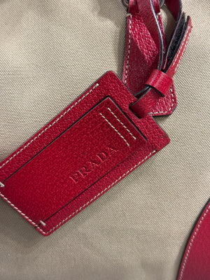 2000s Prada jacquard bowler bag with red leather trim
