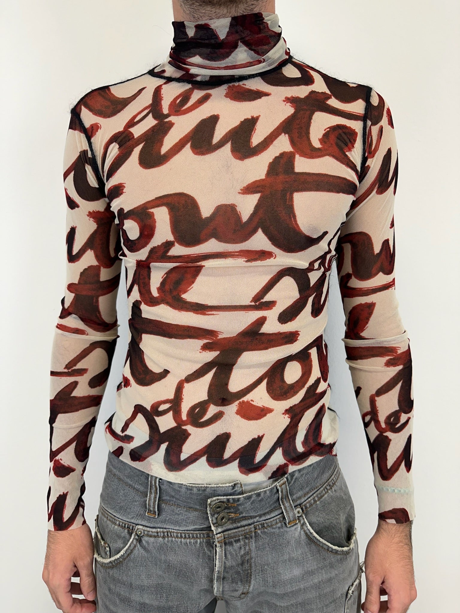 AW2001 Jean Paul Gaultier Blood Script sheer mesh top