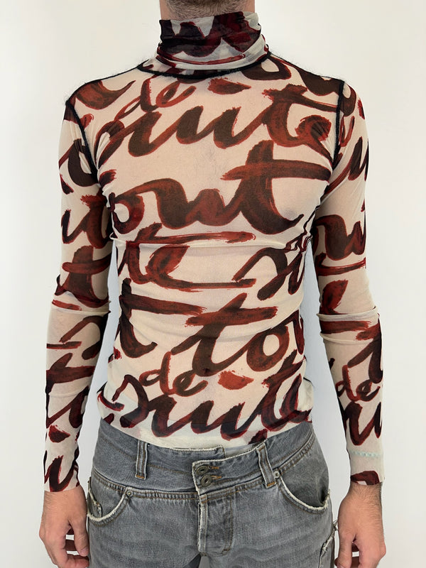 AW2001 Jean Paul Gaultier Blood Script sheer mesh top