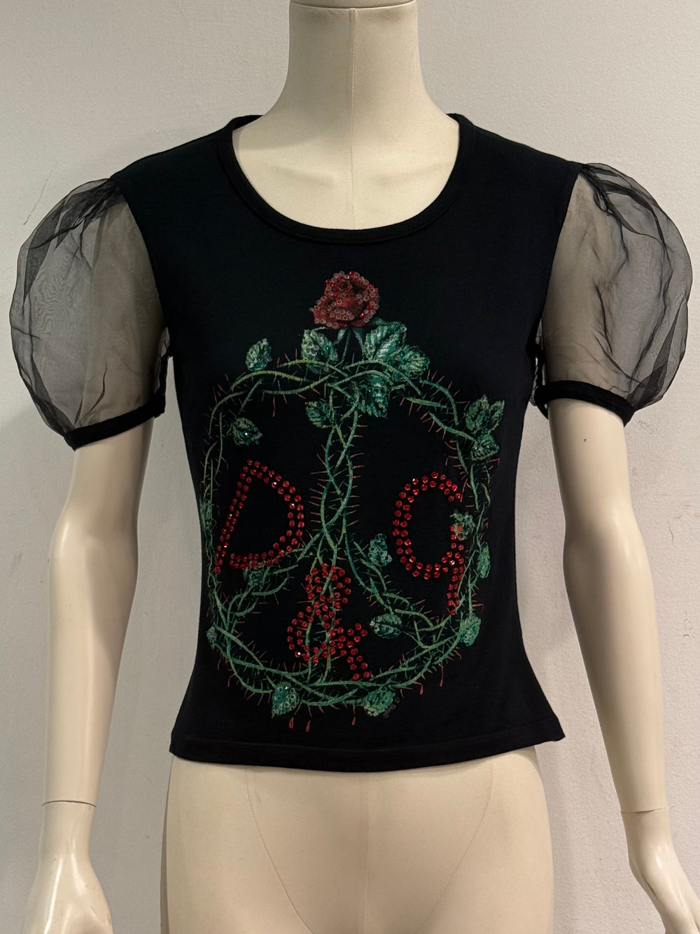 2001 Dolce & Gabbana rose graphic and tulle sleeve t-shirt