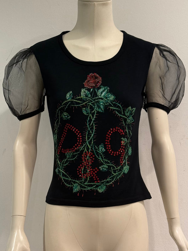 2001 Dolce & Gabbana rose graphic and tulle sleeve t-shirt