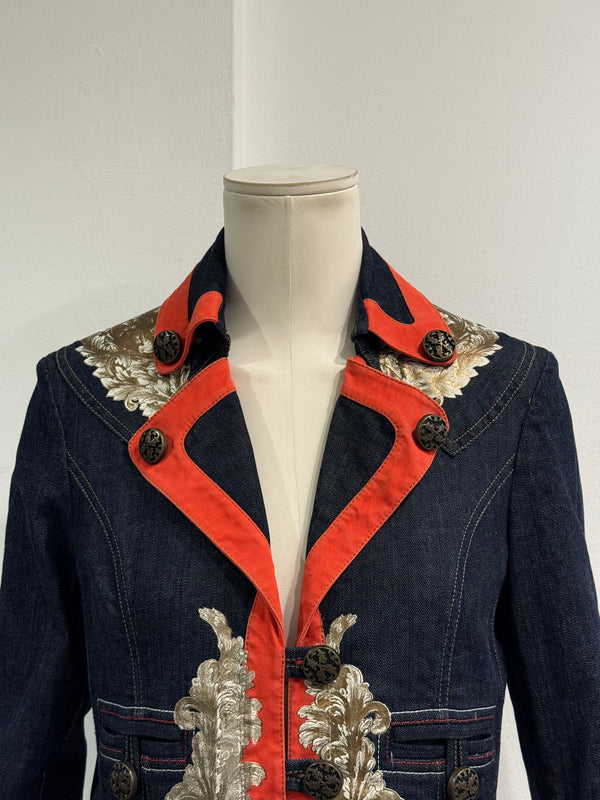 2000s Cavalli floral tapestry printed cropped denim jacket