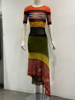 S/S1996 Jean Paul Gaultier runway printed mesh layered maxi dress