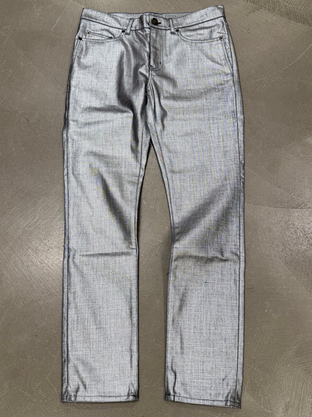 2018 Saint Laurent “D02” metallic silver slim fit pants