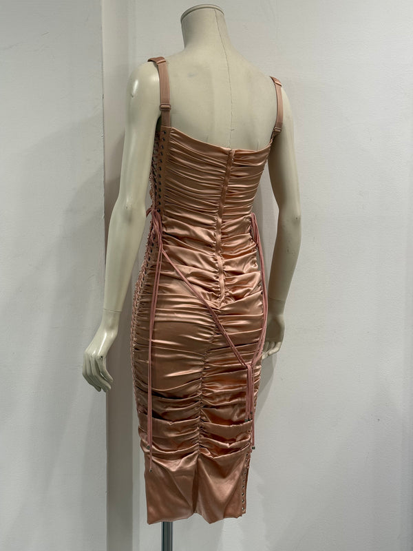 S/S2003 Dolce & Gabbana lace-up bondage ruched silk midi dress
