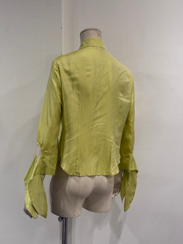 2000s Roberto Cavalli lime green silk shirt with flared cuffs