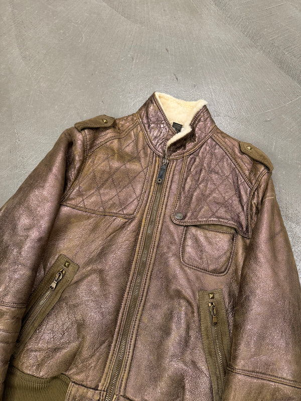 2000s Roberto Cavalli bronze metallic shearling bomber jacket