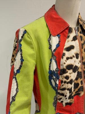 2000s Roberto Cavalli leopard printed patchwork denim jacket