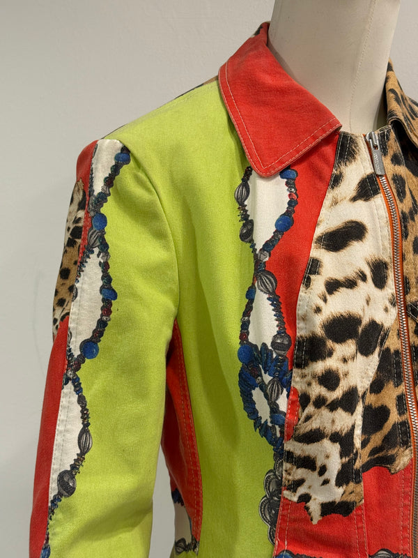 2000s Roberto Cavalli leopard printed patchwork denim jacket