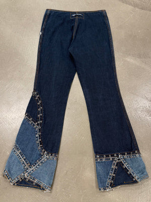 2000s Jean Paul Gaultier pierced patchwork flared jeans