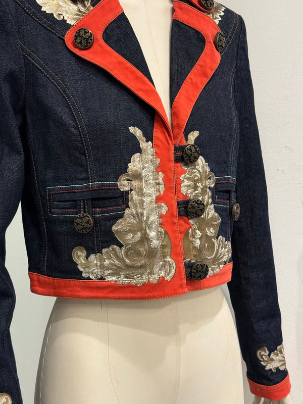 2000s Cavalli floral tapestry printed cropped denim jacket