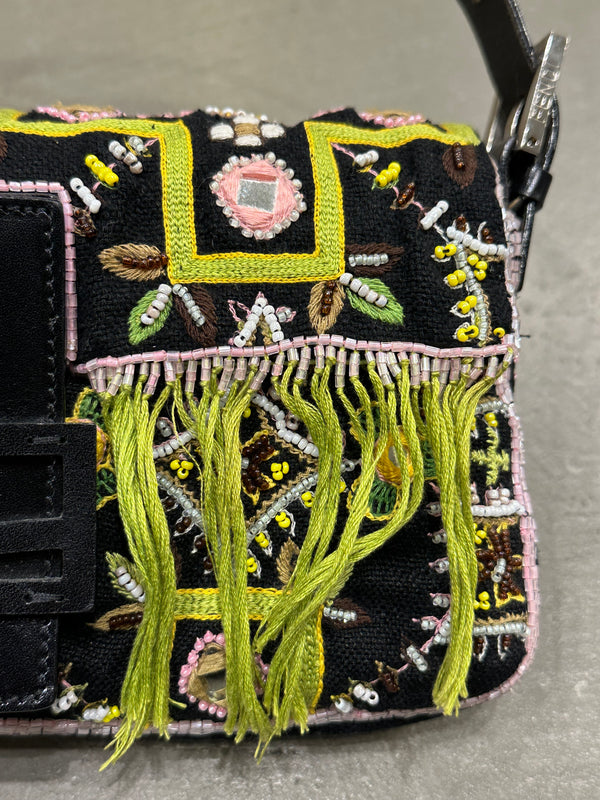 S/S1999 Fendi beaded fringe mirror-embellished baguette shoulder bag
