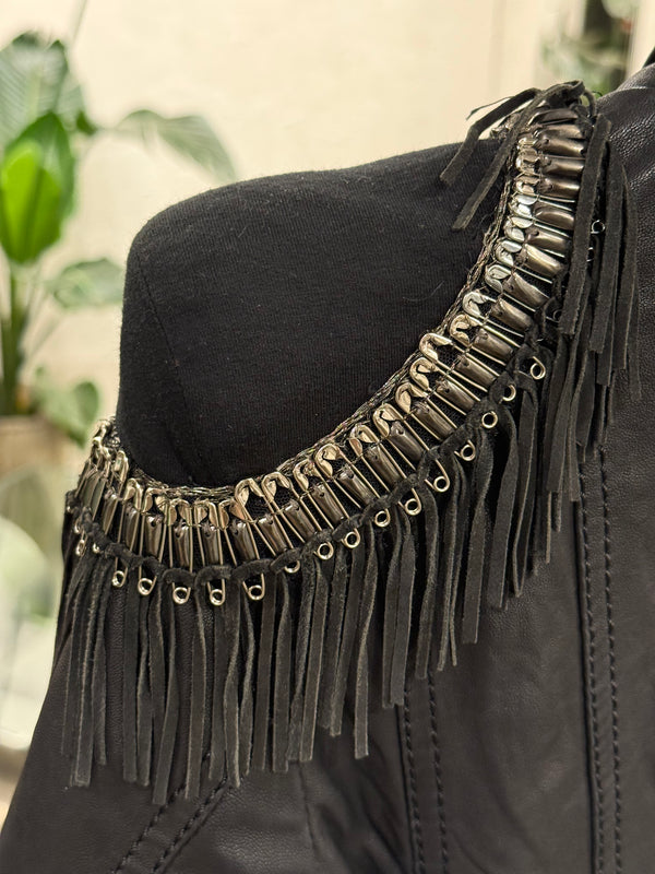 2000s Roberto Cavalli safety pin military leather jacket