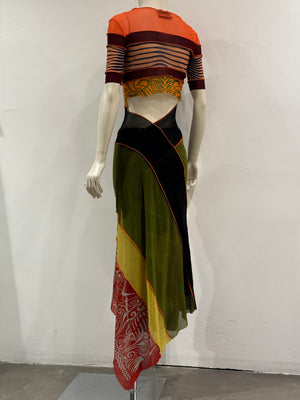 S/S1996 Jean Paul Gaultier runway printed mesh layered maxi dress