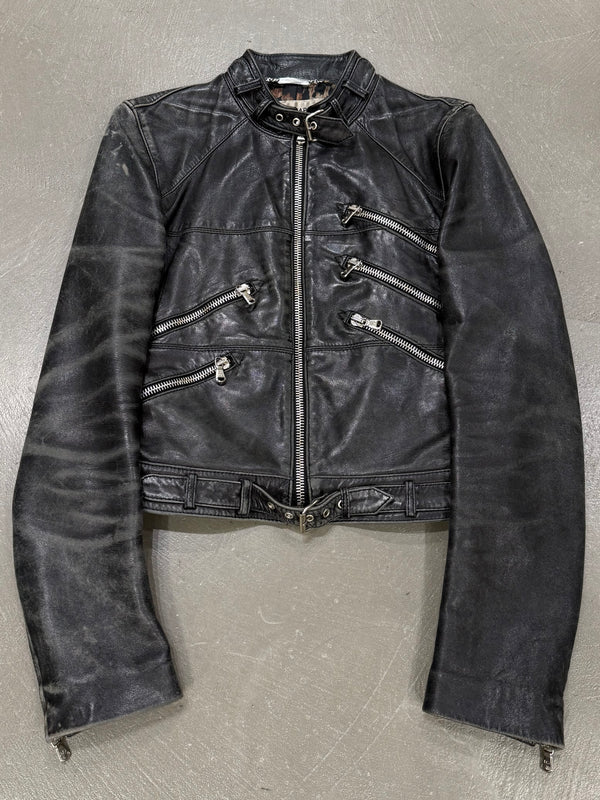 2001 Dolce & Gabbana multi zip faded distressed biker leather jacket