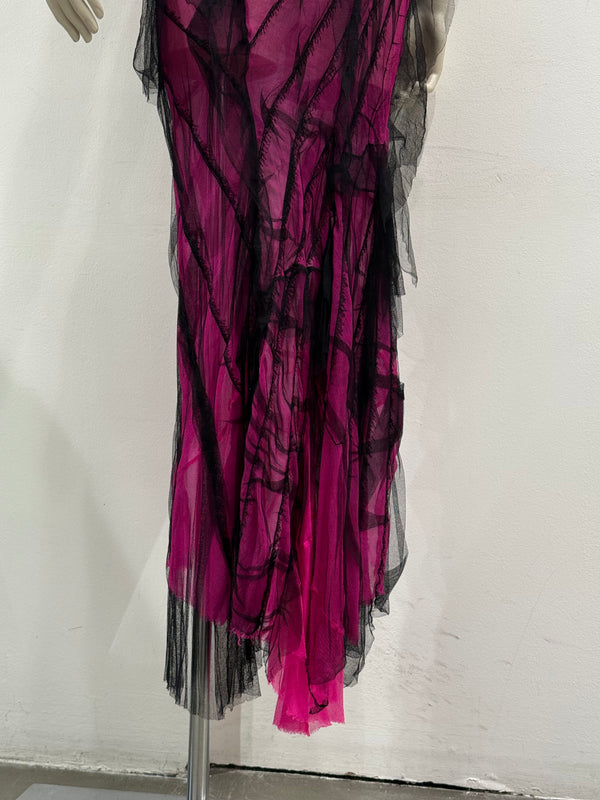 S/S2001 Roberto Cavalli runway distressed silk halter evening dress