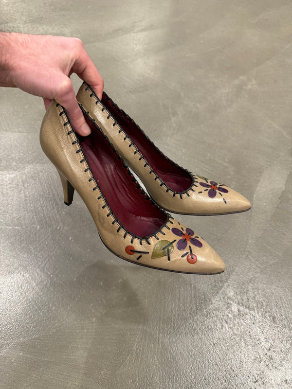Prada floral appliqués leather heels