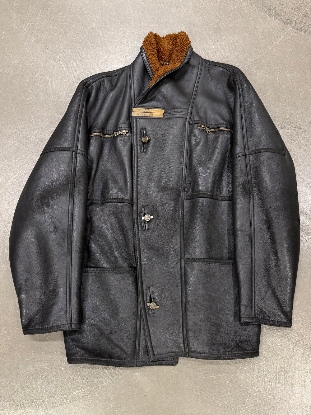 1980s Marithe Francois Girbaud metal hook heavy shearling coat