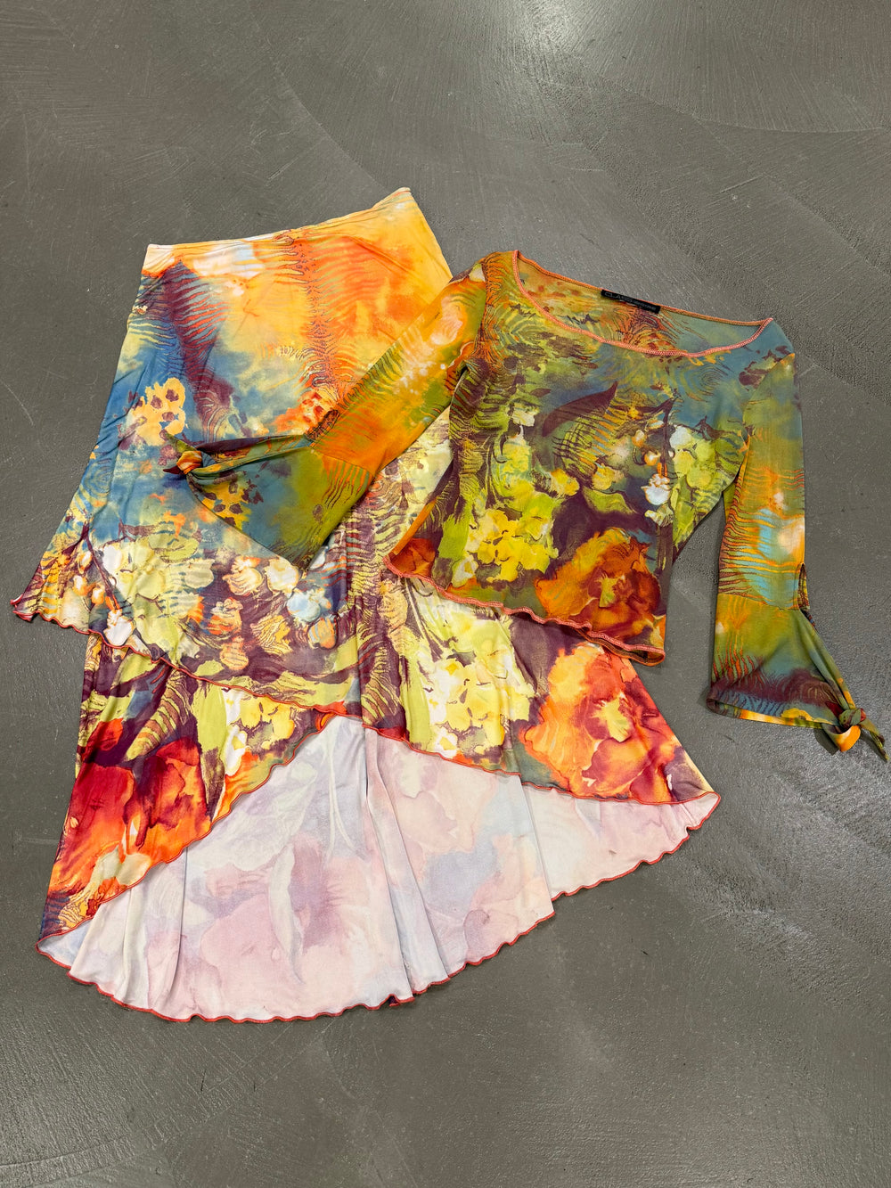 2000s Roberto Cavalli floral mesh top and skirt set